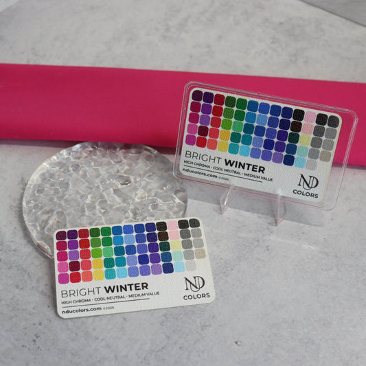 Color Cards NDU Colors Bright Winter palette. Showcasing 65 colors and the season characteristics in a vinyl sleeve